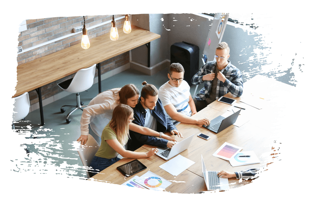 Team at desk working together